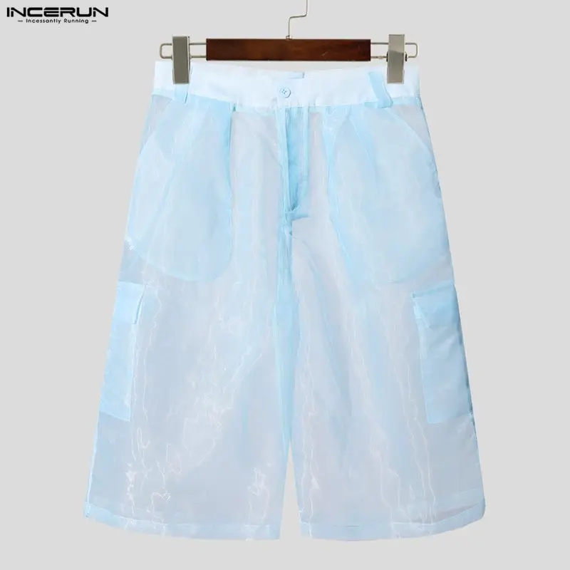 INCERUN Pantaloncini da uomo Mesh See Through Button Pantaloni da uomo oversize Streetwear Allentato Vacanza estiva Moda Pantaloncini maschili sexy S-5XL