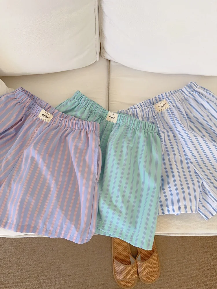 

Trendy Korean Striped ort Pants Women's Casual Loose Elastic Home Spwear Silk Cotton Thin Summer Beach Trousers