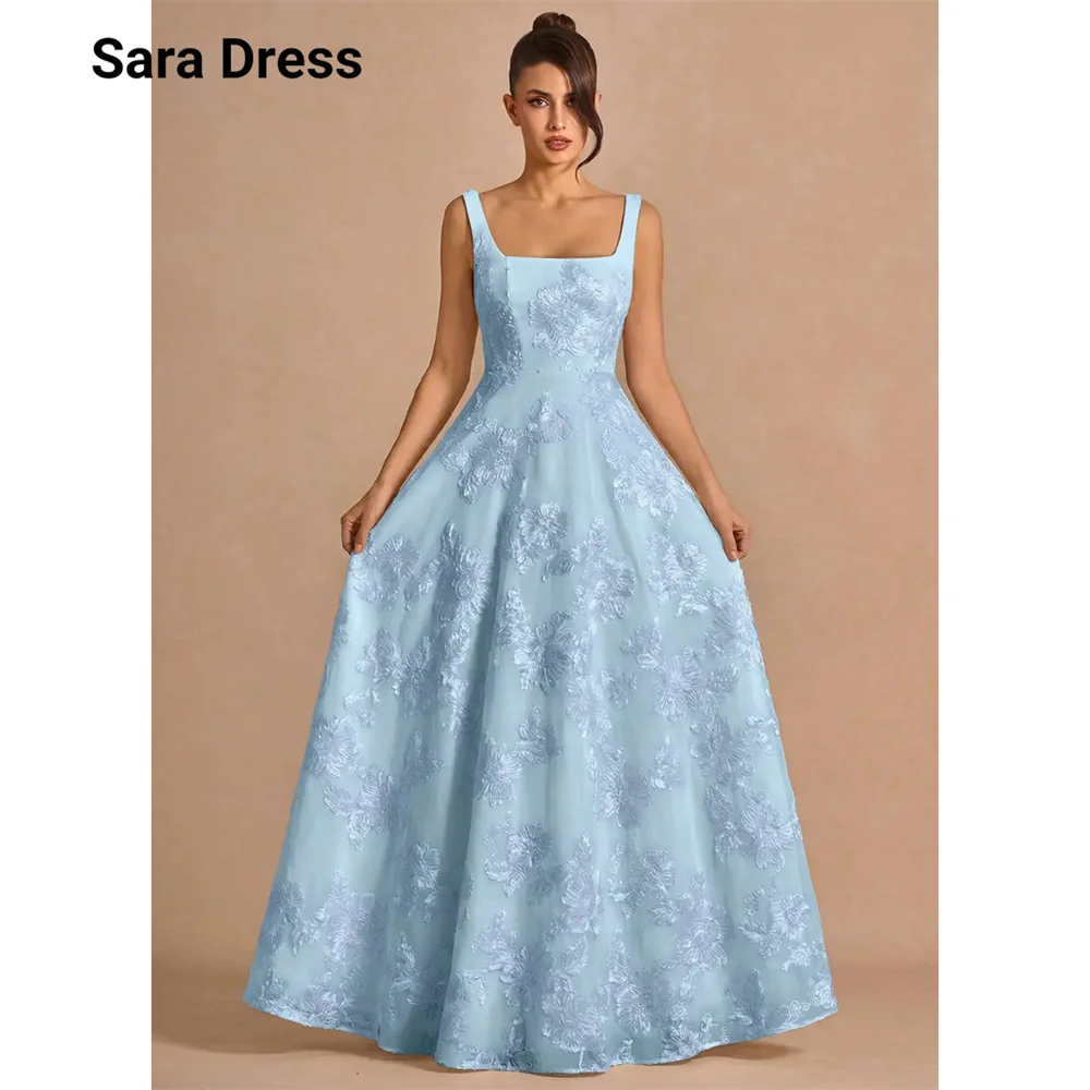 

Sara Custom Sky Blue A-line Floral Lace Spaghetti Straps Ball Gowns Luxury Dresses for Luxury Party Prom Dress 2026 Elegant Gown