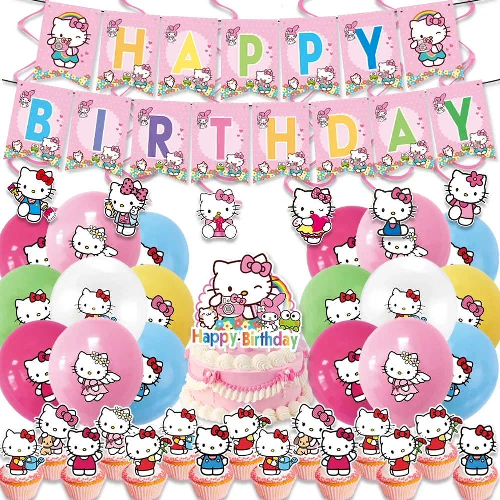 Cartoon Hello Kitty Party Supplies Set Kid Birthday party Decoration cat Baby Shower Decoration Flag pulling Background balloon