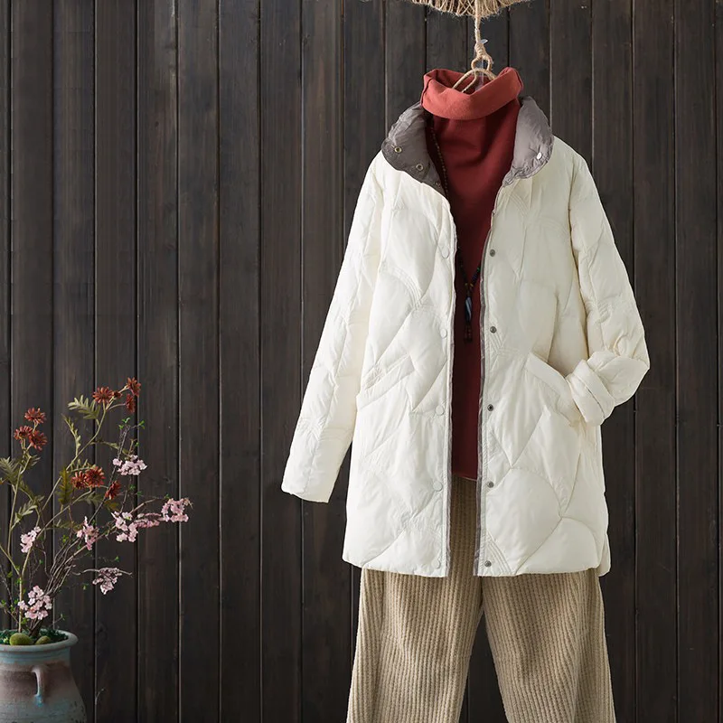 Women Autumn Winter Lightweight Down Jacket Mid Long White Duck Down Stand Collar Coat Outerwear chaqueta de mujer JK-252