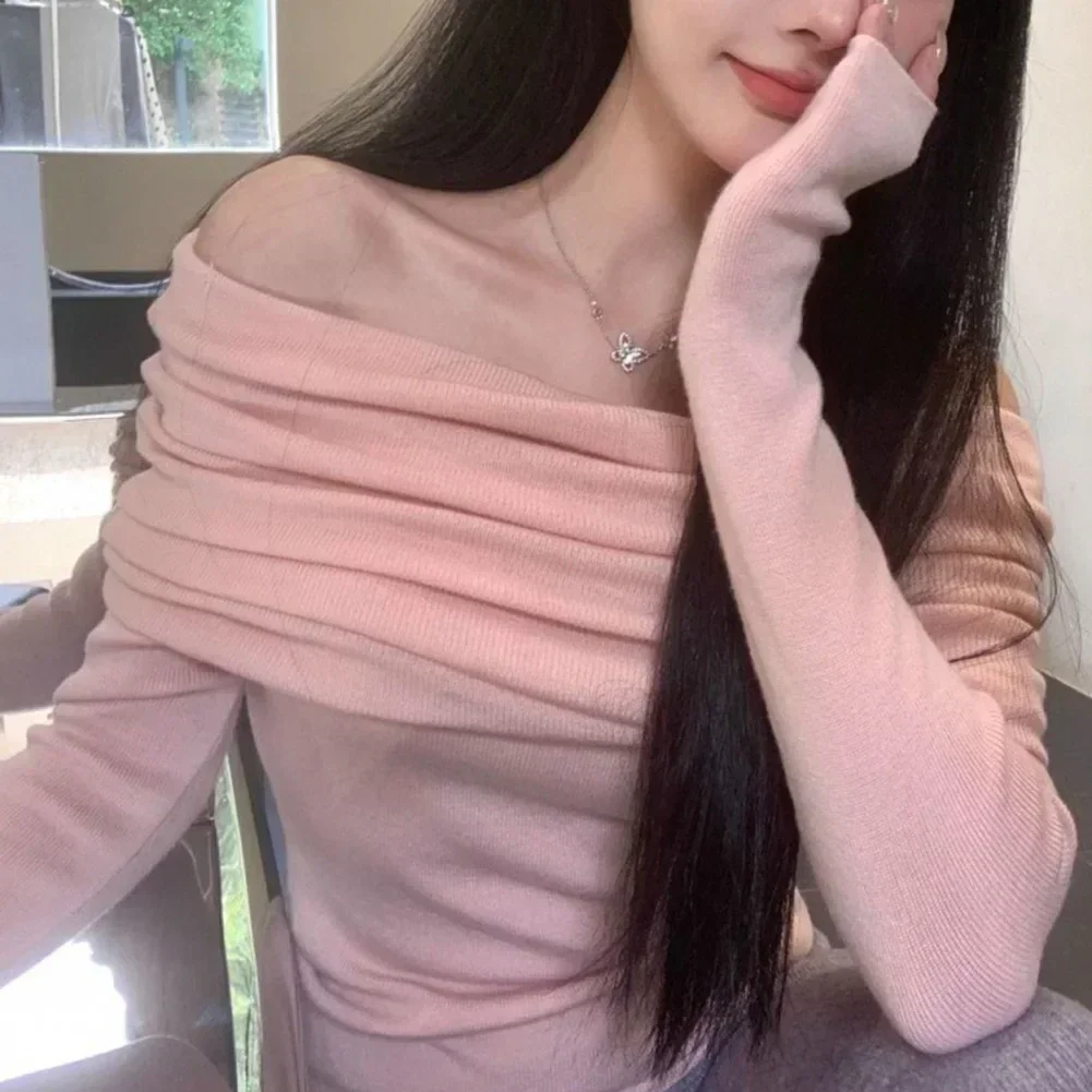 

Club Home Apricot Womens Off Shoulder Sweater Casual Vacation And Club Outfit High Stretch GraceTop High Elasticity Long Sleeve