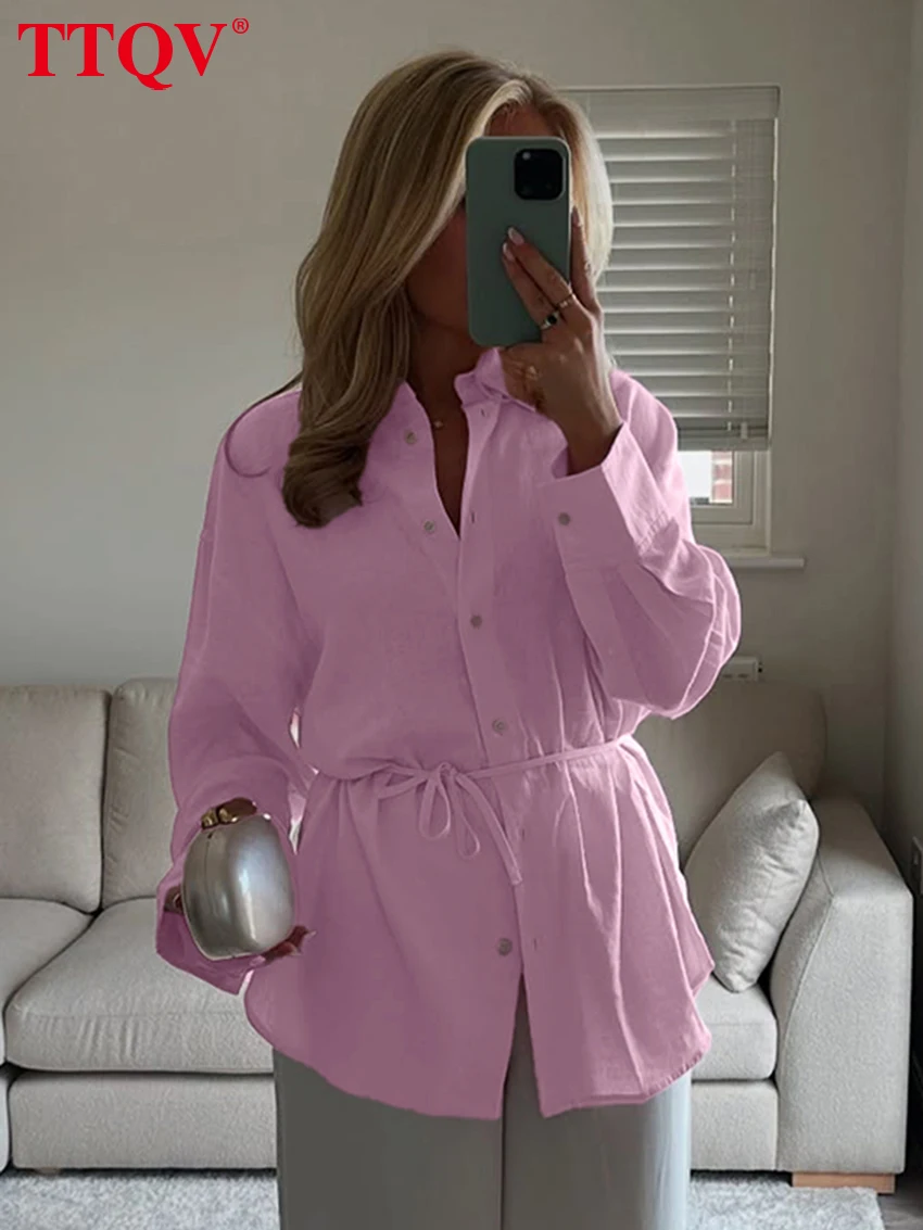 

TTQV Fashion Loose Pink Cotton Women's Shirt 2026 Spring Lapel Long Sleeve Blouse Elegant Classic Lace-Up Top Female Clothing