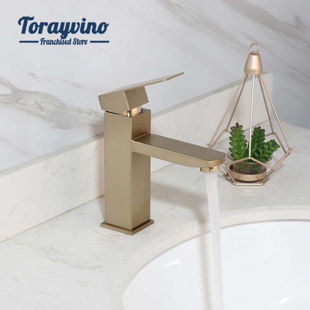 Torayvino Contemporary Bathroom Basin Faucet Nickel Brushed Golden Single Handle Hole Hot Cold Water Mixer Sink Deck Mounted Tap