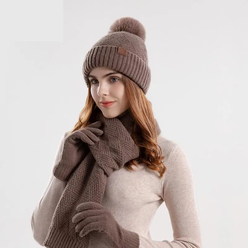 COKK-Conjunto de tres piezas para mujer, conjunto de guantes y gorro, bufanda de terciopelo de punto, accesorios para mantener el calor, protección