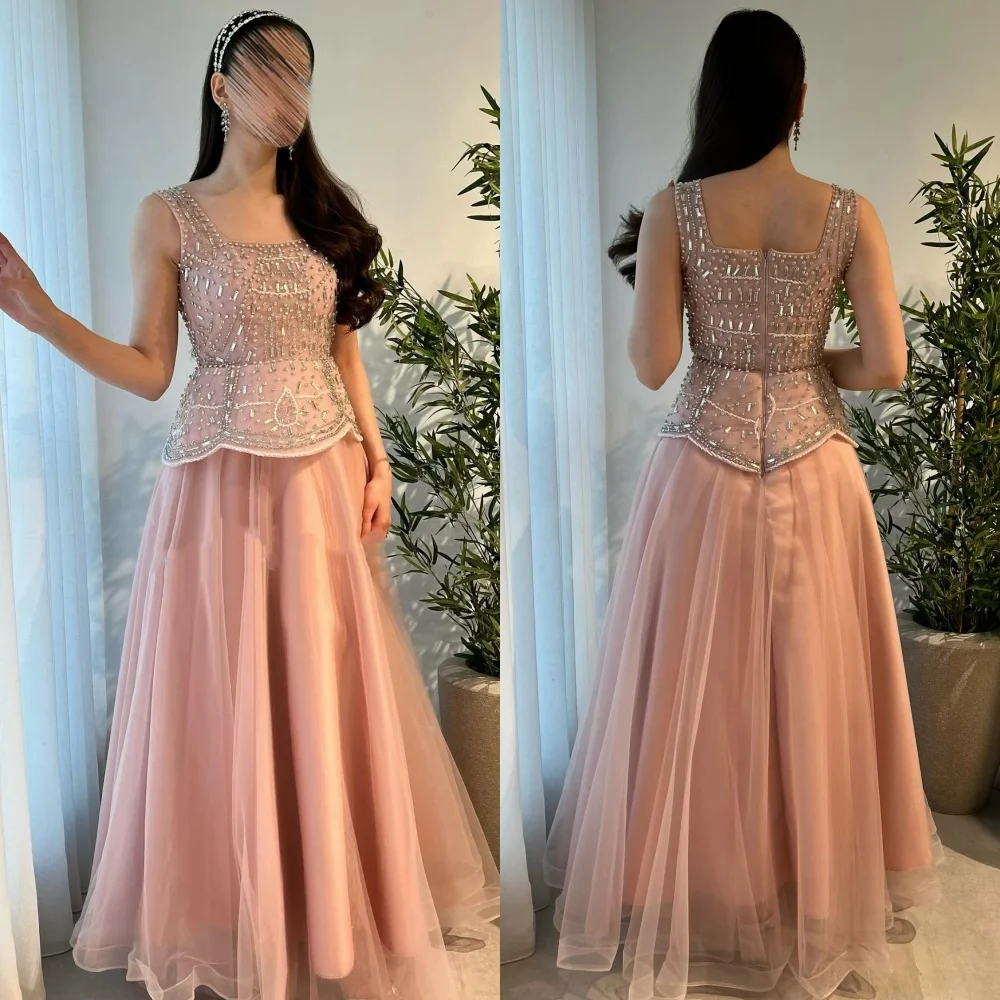 Maßgeschneiderte elegante Mode Tüll Strass Perlen A-Linie schulterfreie lange Kleider maßgeschneiderte Anlasskleider passend zu sexy