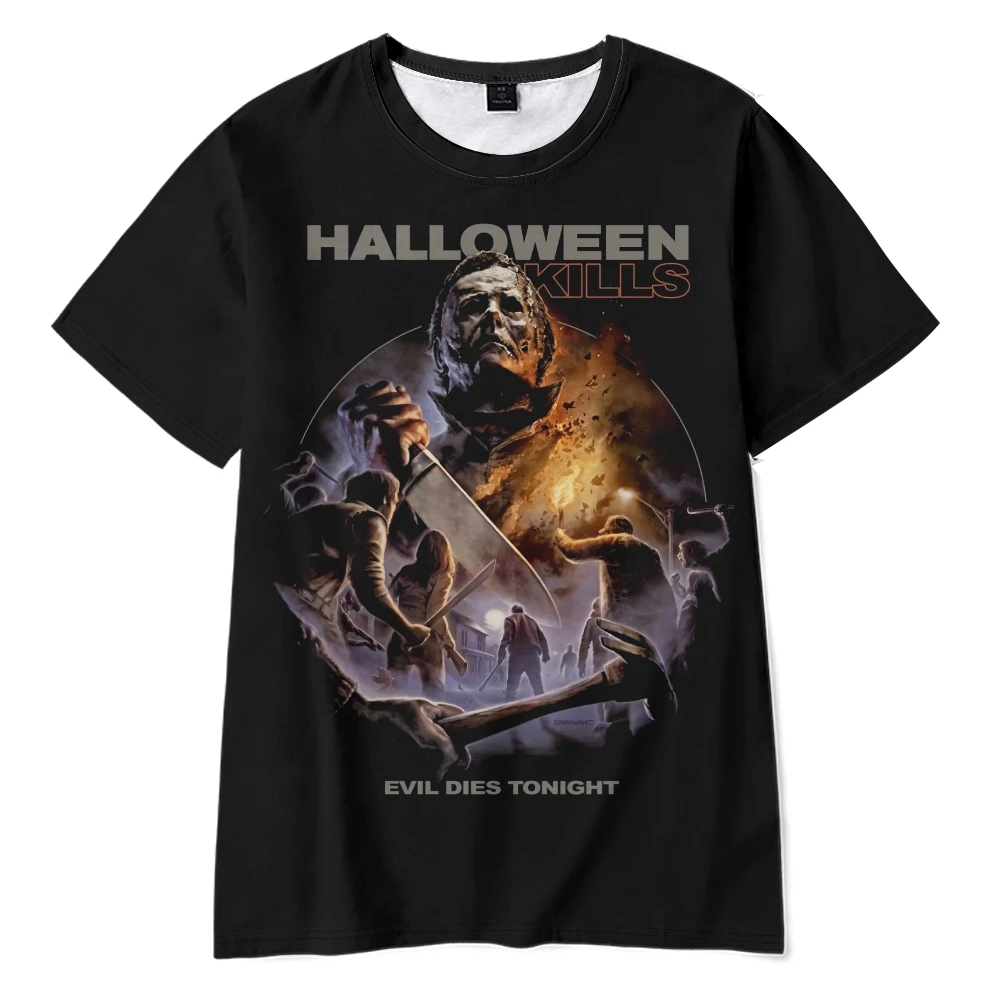 Camiseta negra de manga corta con cuello redondo para hombre y mujer, ropa de calle Harajuku de película con extremos de Halloween, moda Unisex