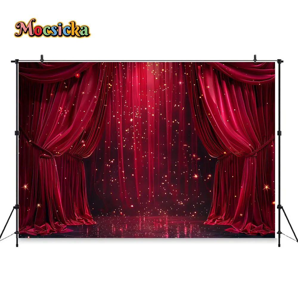 Red Curtain Stage Photography Background Birthday Christmas Holiday Party Golden Shiny Backdrop Kids Family Portrait Photoshoot