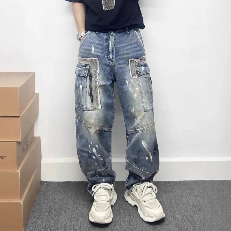HKSH Spring Autumn New Men Distressed Patchwork Multi-Pocket Zipper Retro Jeans Trendy Dirty Dye Draped Chic Denim Pants HK16292