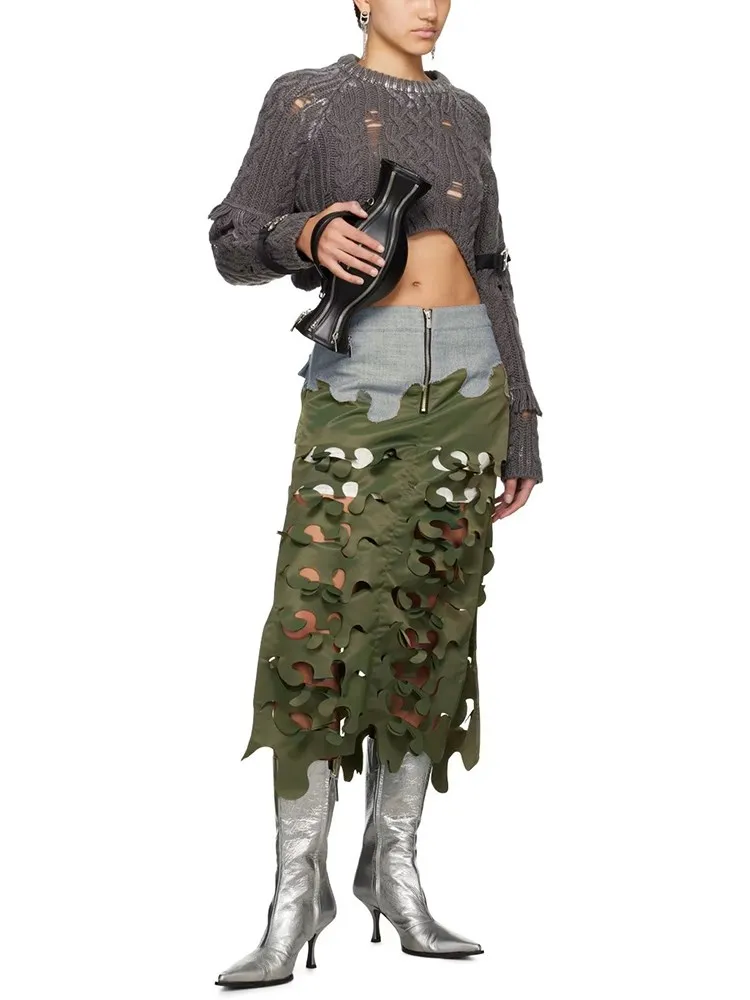 TWOTWINSTYLE Hit Color Slimming Skirts For Women High Waist Spliced Zipper Hollow Out Irregualr Streetwear Skirt Female Fashion