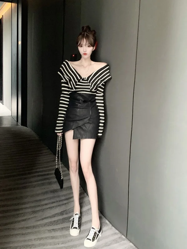 Hong Kong Style V-Neck Sweater Skirt Set Asymmetrical High Waist PVC Fabric Autumn Winter Fashion Two-Piece Suit Women's Skirts