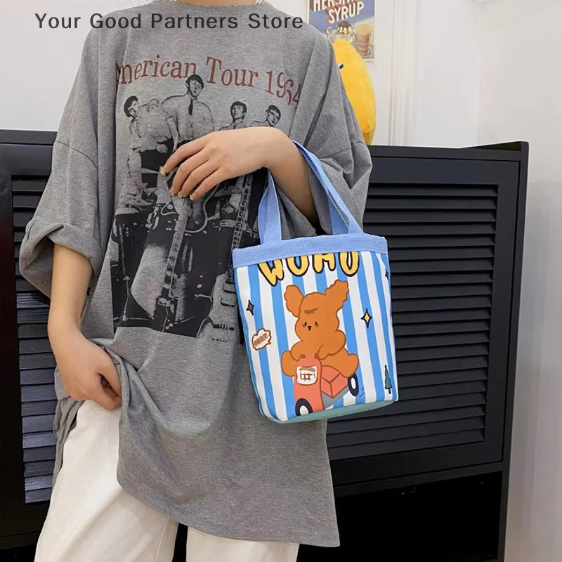 Tas Ember Grafiti Pola Hewan Lucu Portabel Tas Silinder Cetak Ins Tas Bento Kanvas Tas Kotak Makan Siang Genggam