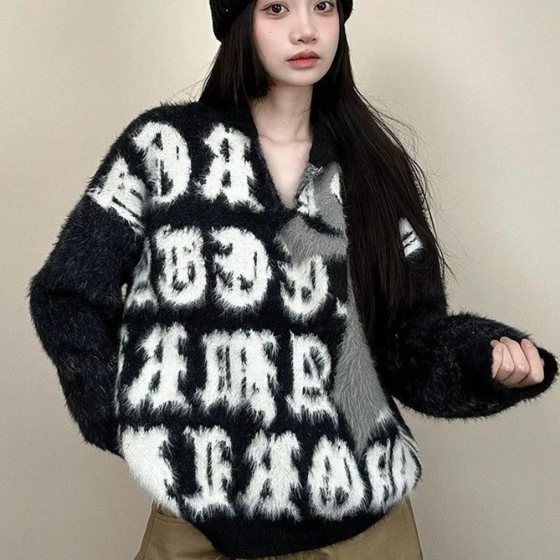 Y2k Subculture Punk Style Long Sleeve Pullover Women Casual V-Neck Sweater Gothic Letter Jacquard Vintage 2025 Autumn