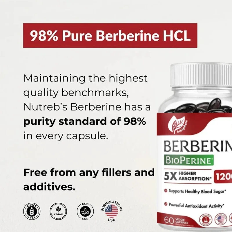 مكمل البربرين 1200 ملغ كبسولات نباتية غير معالجة خالية من المواد المعدلة وراثيًا مع معدل امتصاص 5x يزيد من مقاومة الجسم ودعم 60 قطعة