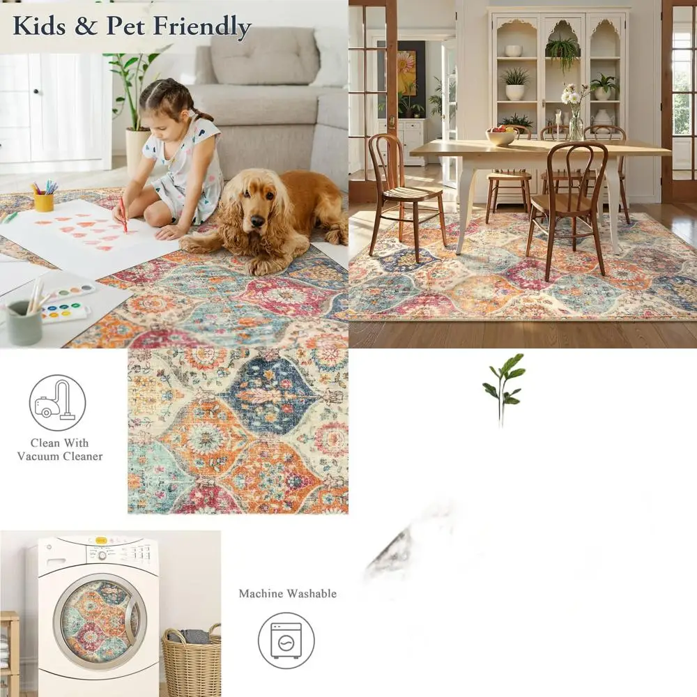 

Washable Moroccan Trellis Area Rugs 5x7, Large Oriental Accent Carpet for Living Room, Bedroom, Kitchen, and Office, Cream/Multi