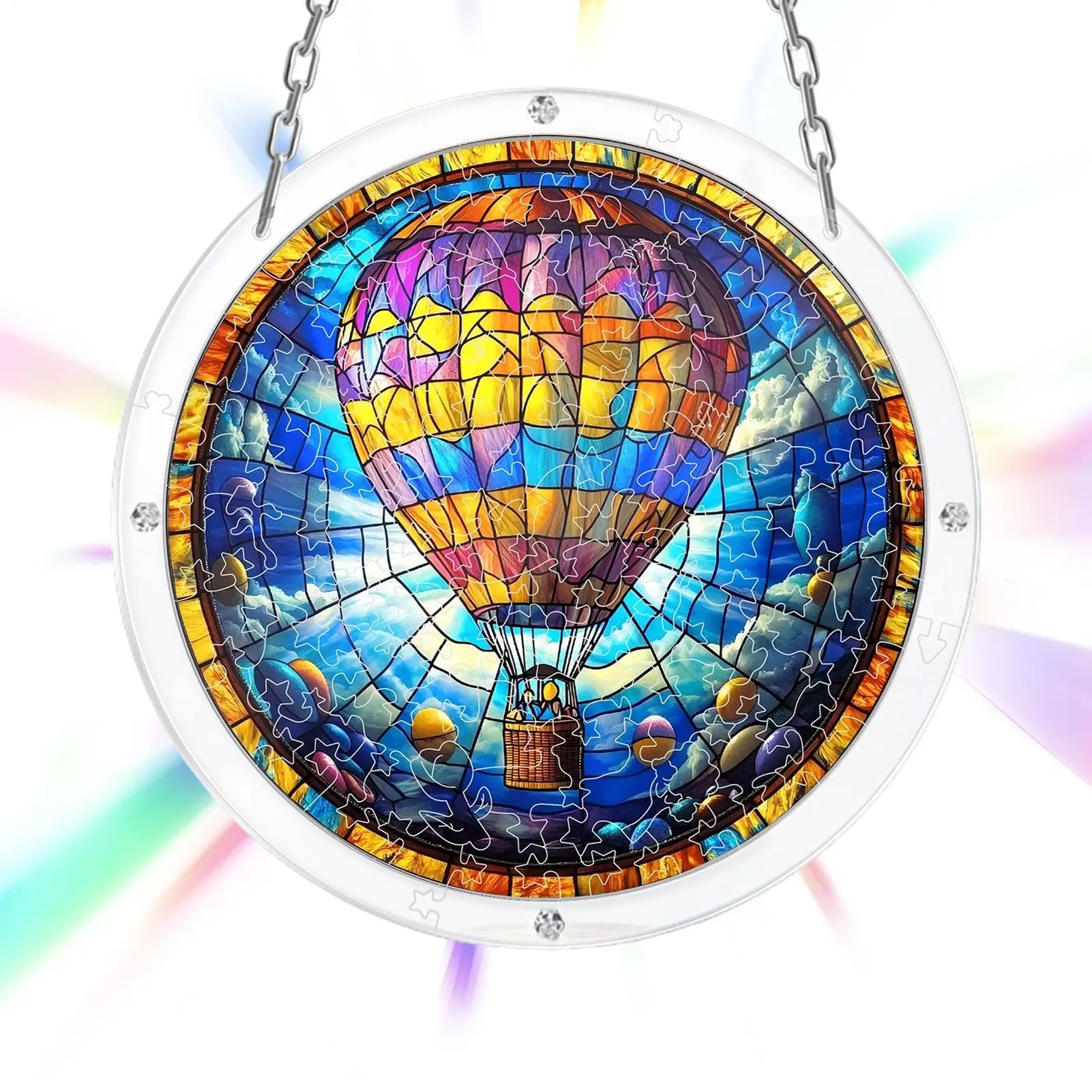 Acrylic Puzzle Suncatcher 82 Pieces Faux Stained Glass Sign Hot Air Balloon Pattern Window Suncatcher Art Kit For Home Wall Door