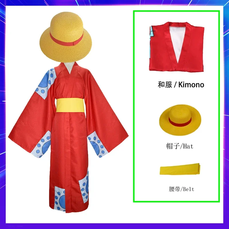 Anime Piece Pirate Luffy Cosplay Costumes Monkey  Luffy Wano Country Arc Hat Kimono Carnival Party Adult Red Yukata Outfit