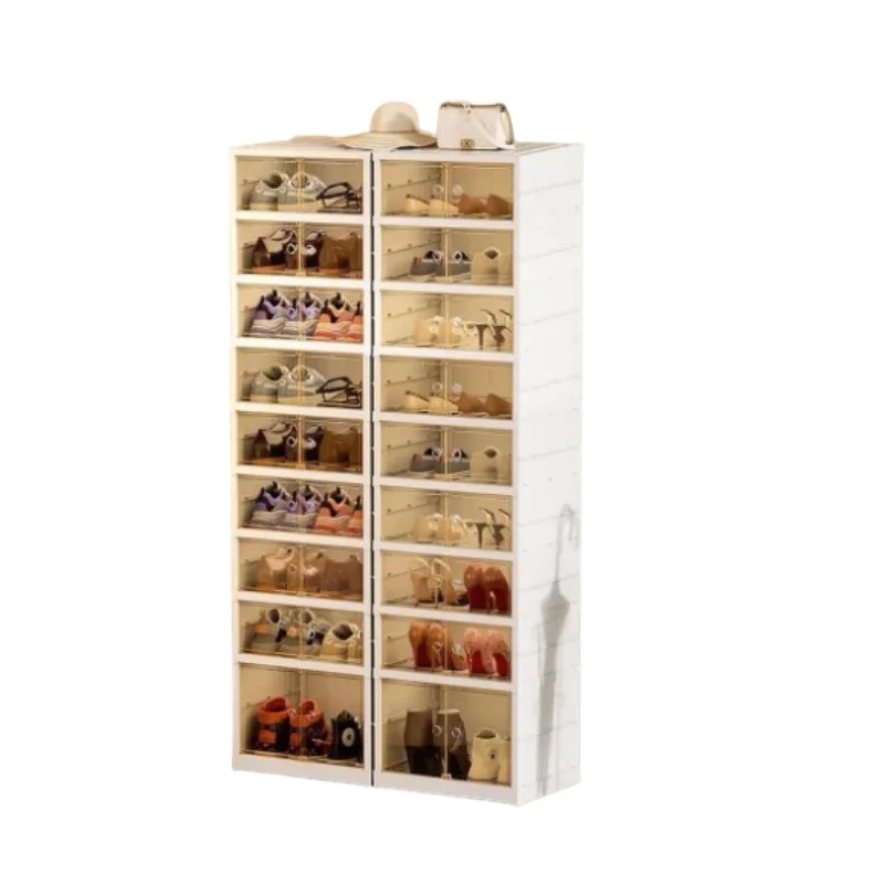 The shoe box can be folded, and a free storage box with a lid and wheels can be installed to stack the shoe cabinet