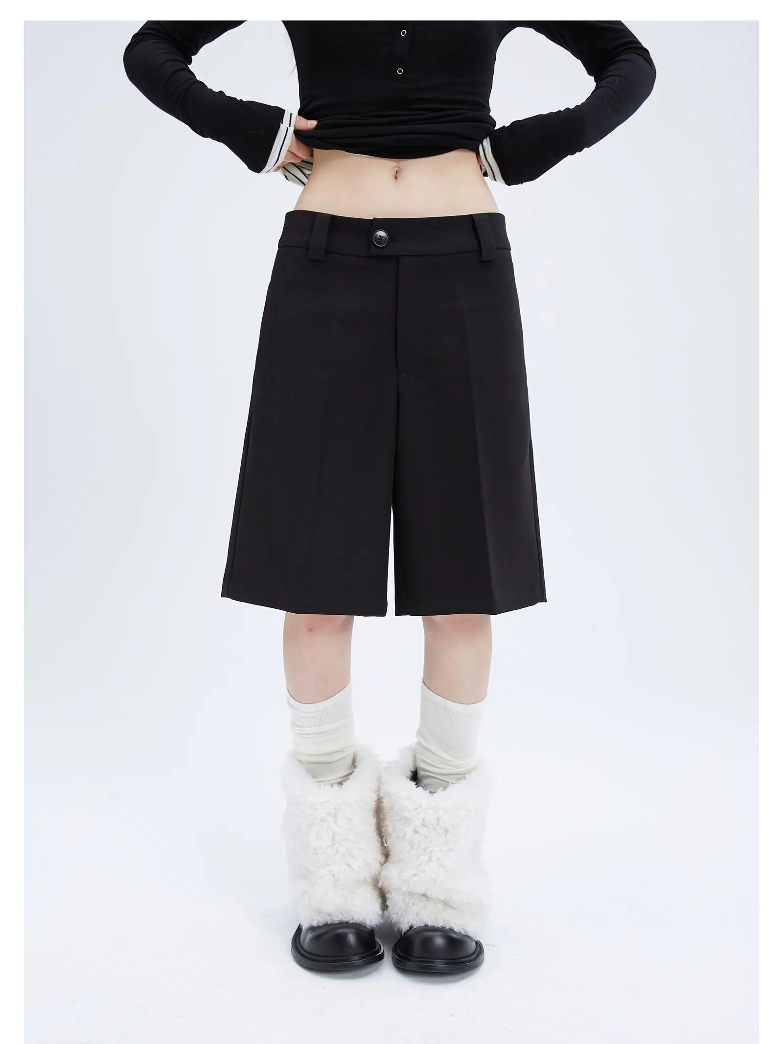 

Slim Straight Leg Low Waist Cover Hip Enhance Leg ape Casual Versatile Five-Point Pants Polyester Viscose Spandex Blend