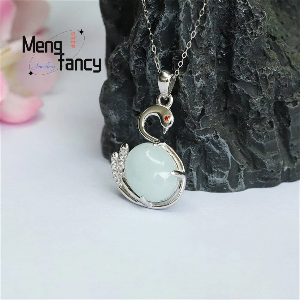 S925 Silver Inlaid Natural Burmese Jadeite Swan Jade Pendant Exquisite High-grade Sexy Young Girls Couple Luxury Fashion Jewelry