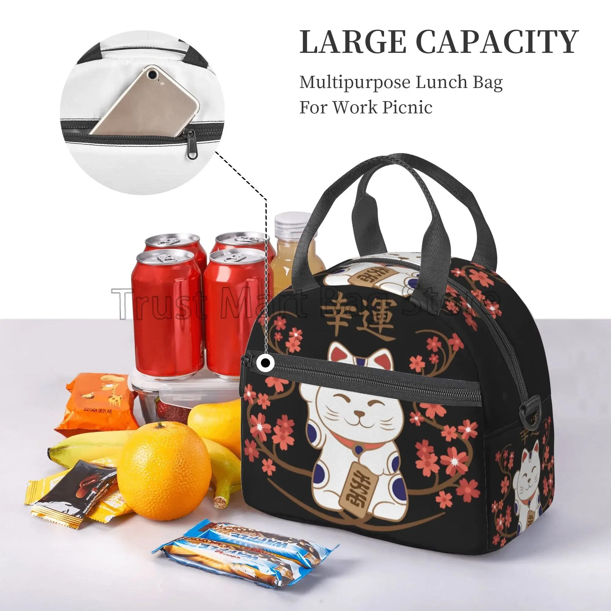 Japanese Lucky Cat Lunch Bag for Women Teens Girls Reusable Insulated Lunch Box with Shoulder Strap Waterproof Durable Tote Bag