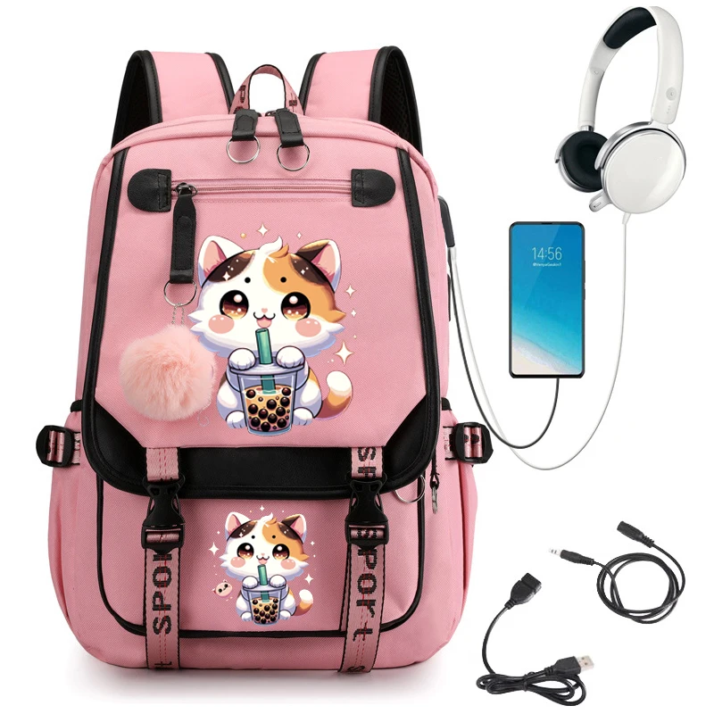 College Students Backpack Girl Travel School Backpack Fashion Leisure Bagpack Boba Anime Cat Laptop School Bags Usb Bookbags