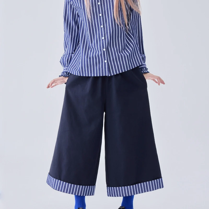 Autumn Winter New Navy Blue Versatile Color-Block Pleated Women's Wide-Leg Pants Retro Design Loose Slimming Trousers Ladies
