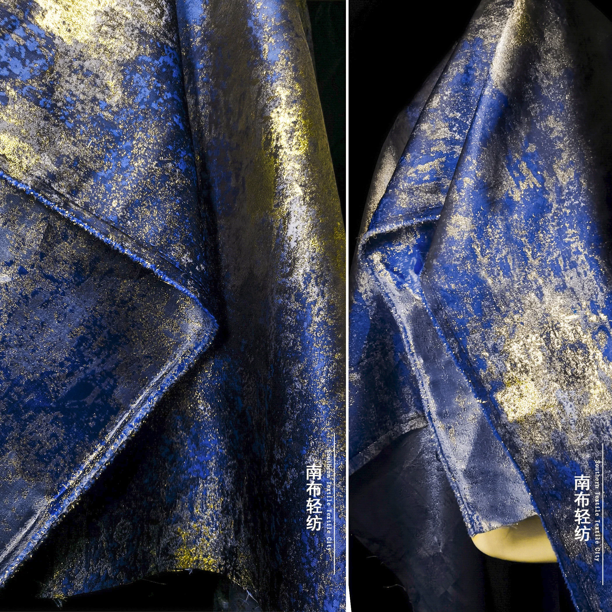 Vintage Blue Gilding Jacquard Fabric Heavy Craft Bright Silk Gradient Hanfu Chinese Style Cheongsam Designer Fabric Features