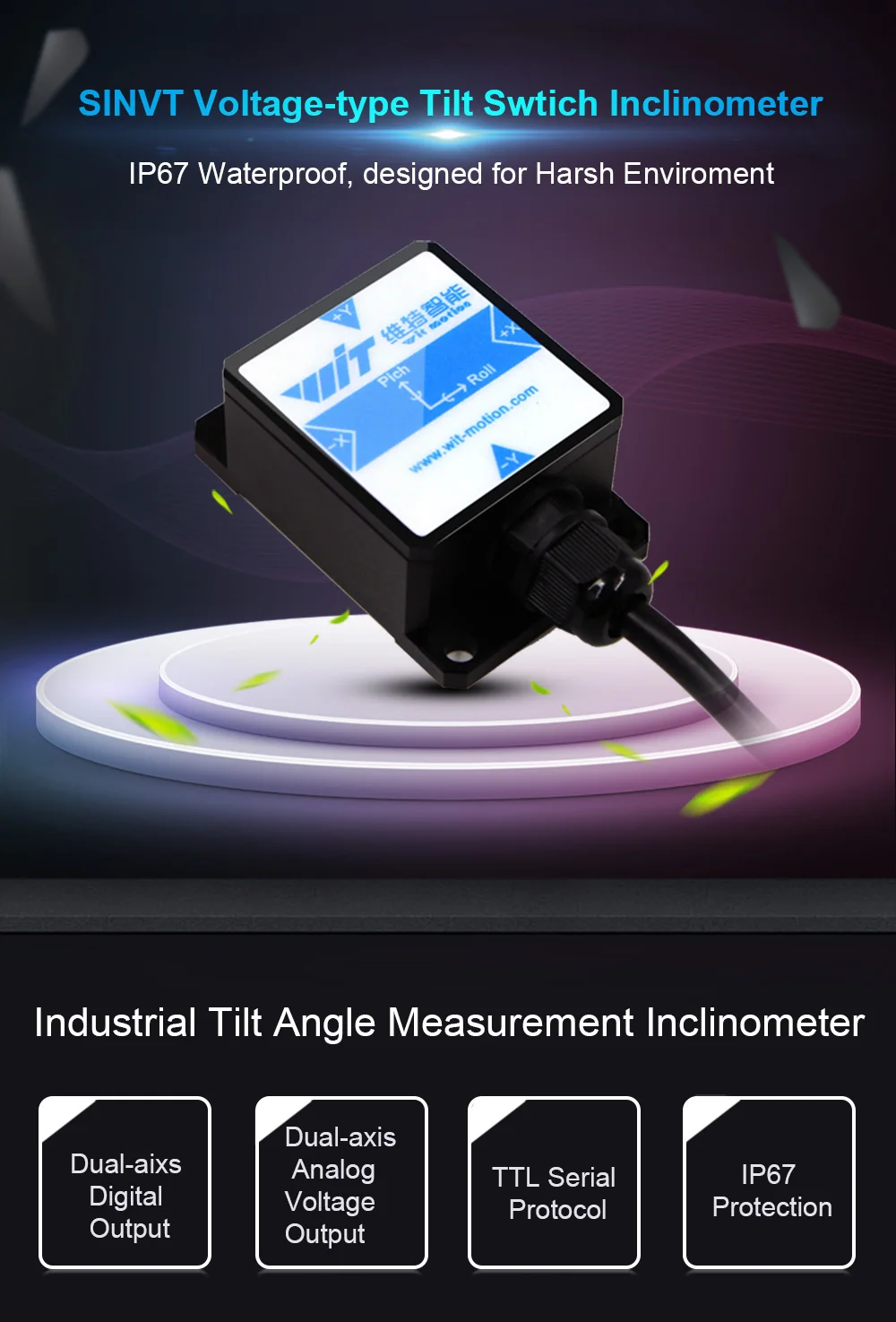 WitMotion SINVT Dual-axis High Accuracy Voltage Output Digital Tilt Angle AHRS Inclinometer, IP67 Waterproof, Anti-Vibration