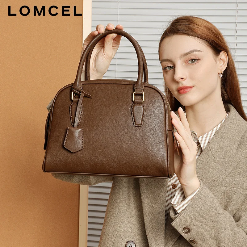 LOMCEL 153 New genuine cowhide leather minimalist Boston bowling high-end leather handbag for women, large capacity, shoulder