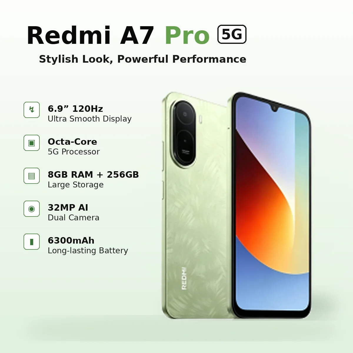 2026 new Redmi A7 Pro 5G Smartphone 8GB+256GB, 6.9'' 120Hz Eye-Care Display, 32MP AI Camera, 6300mAh Battery, IP52, HyperOS 3
