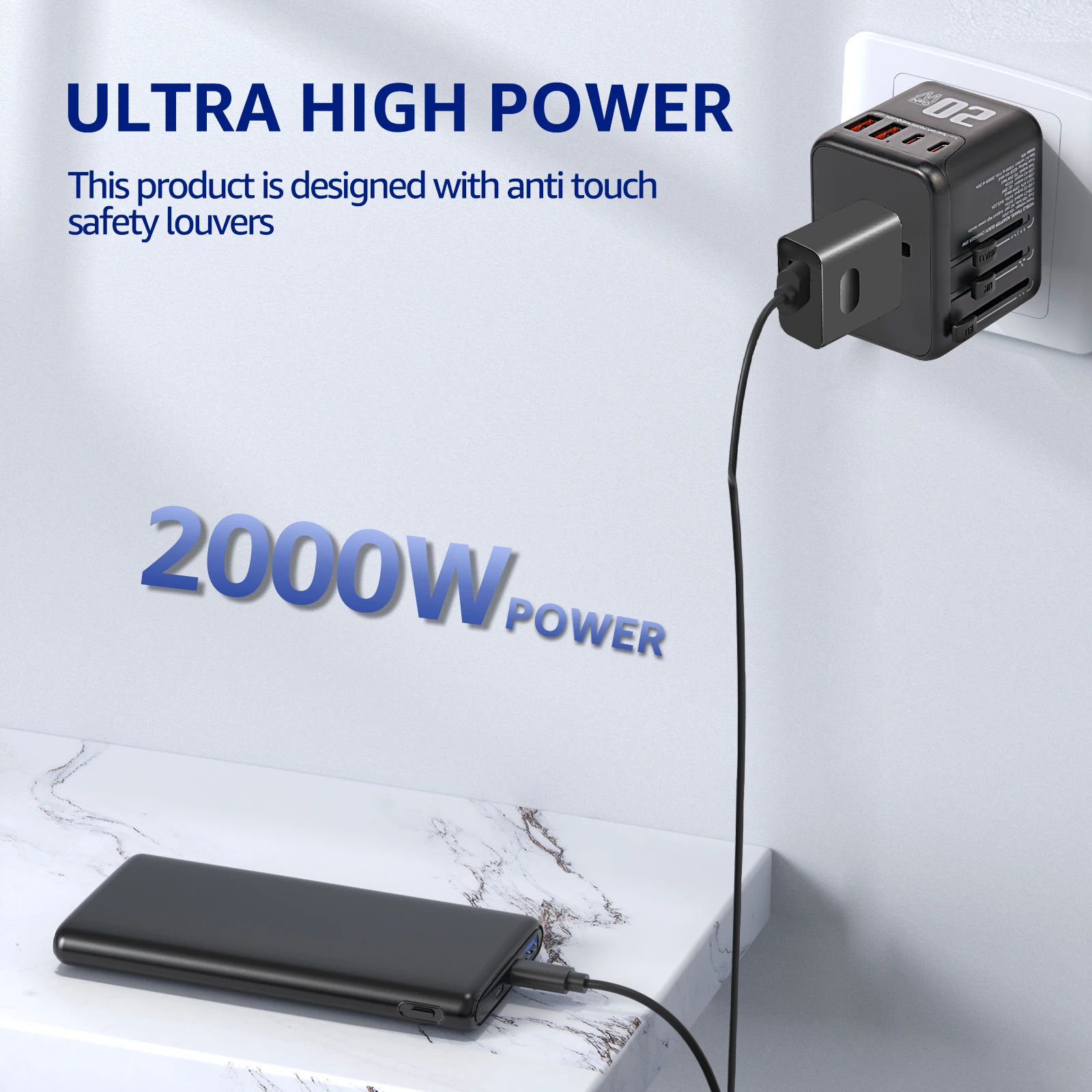 1/2 قطعة شاحن الكل في واحد محول السفر 4 منافذ الطاقة مع 2 USB و2 منافذ Type-C الأساسيات الدولية للولايات المتحدة/الاتحاد الأفريقي الاتحاد الأوروبي المملكة المتحدة 2025