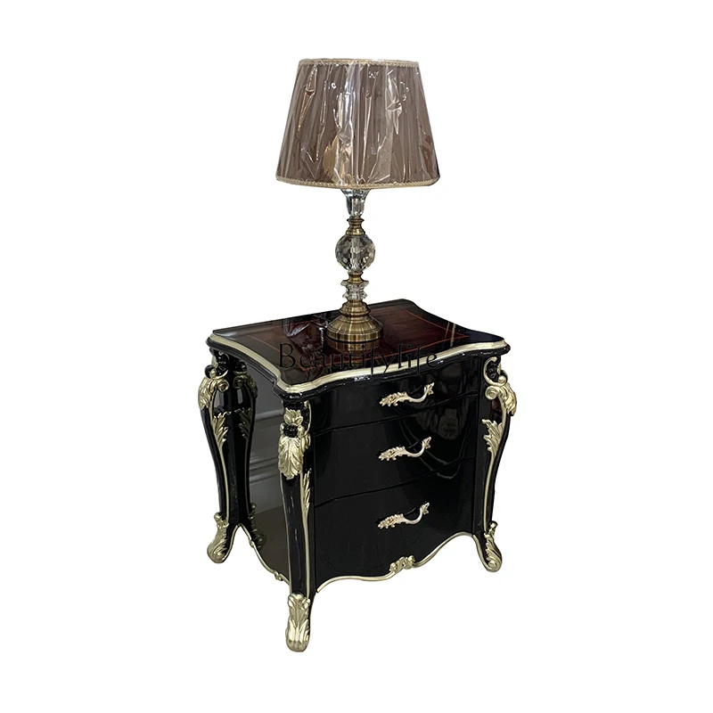 

French bedside table, European court solid wood carving flower bedside table with veneer parquet