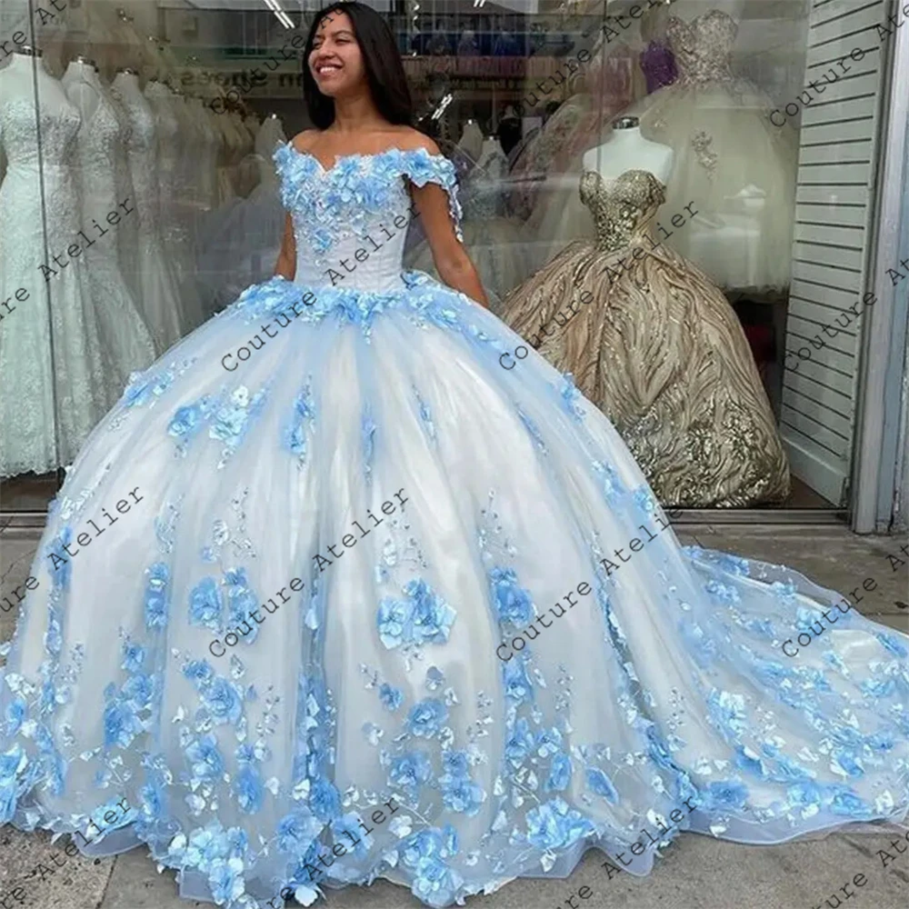 Fora do vestido de baile com flores 3D, Doce vestido dezesseis, Vestido azul Quinceanera, Vestidos Quinceanera, Vestidos de casamento, 15 anos