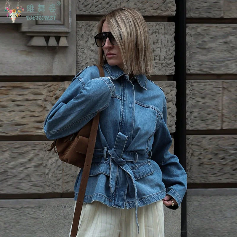 موضة المرأة الدنيم سترة فضفاضة معطف رعاة البقر مع حزام الخصر التلبيب مشبك الخريف الشتاء الدافئة ملابس خارجية غير رسمية ملابس للسيدات #1