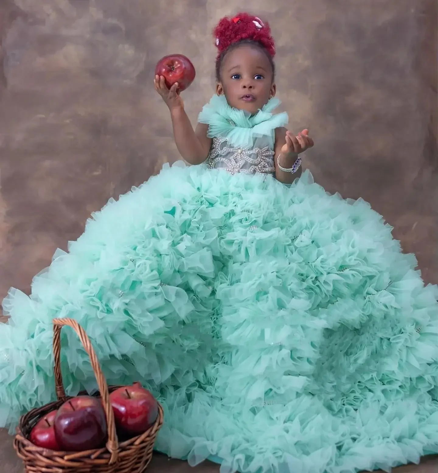 Robes de soirée d'anniversaire personnalisées vert menthe pour filles, robes de demoiselle d'honneur à col haut, volants, bébé, enfants, boule, tout pour séance photo