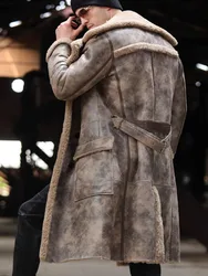 2024 Men's Winter Long Coat Genuine Sheepskin Leather Jacket Double Breasted Thick Wool Liner Black Blue Vintage Plus Size 6XL