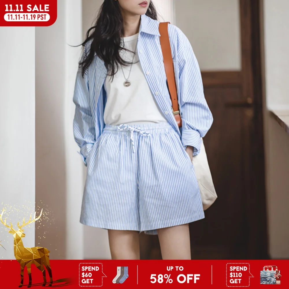 

Женские хлопковые шорты Maden, повседневные свободные спортивные шорты с широкими штанинами и высокой талией, в японском стиле в сине-белую полоску, шорты-бермуды