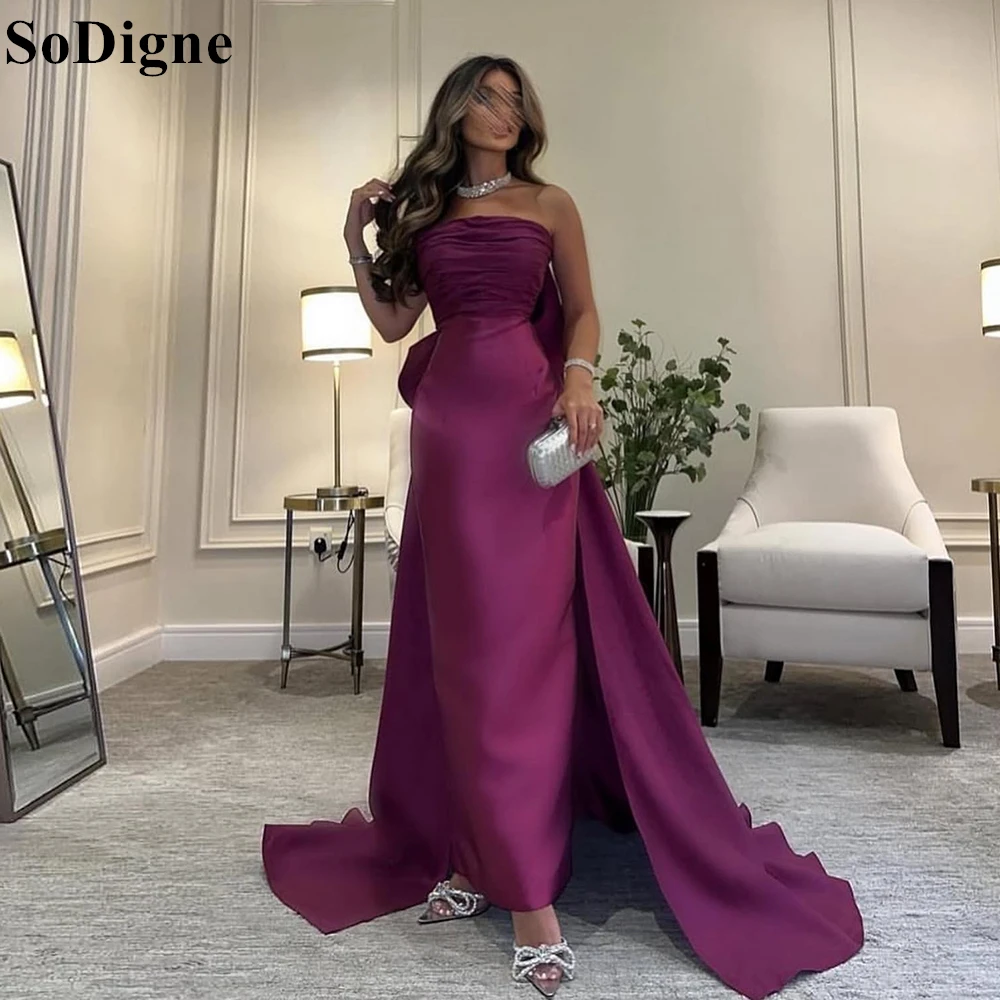 

SoDigne Elegant Purple Evening Dresses Mermaid Strapless Bow Draped Ankle Length Party Dress Saudi Arabia Prom Gowns Customized