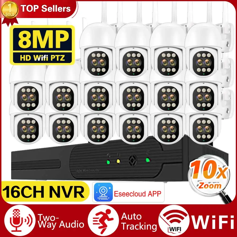 16CH Wifi NVR Security 4k Ip Intelbras Eseecloud Systems 10X Zoom Auto Tracking 360° PTZ Control Network Video Surveillance Kit