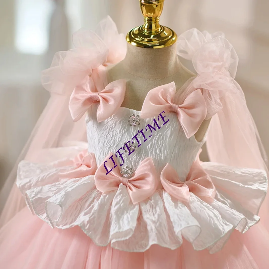 تخصيص الوردي زهرة فتاة اللباس أكمام الانحناء طول الركبة الأميرة الاطفال الزفاف 1st عيد ميلاد حزب مهرجان ثوب رسمي #6