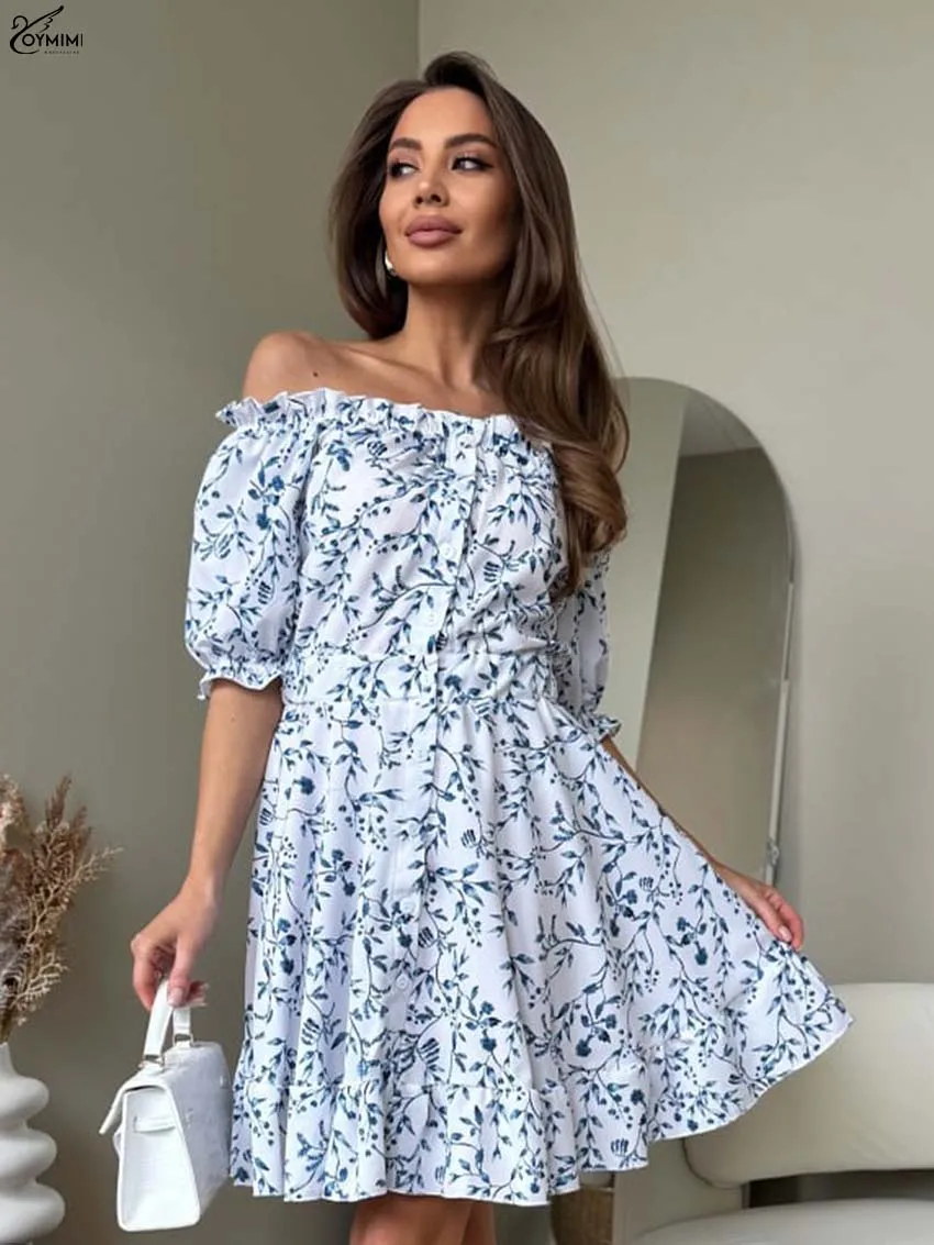 

Oymimi Autumn Blue Print Women's Dress Fashion Strapless Ruffled Half Sleeve Dresses Casual Button Pleated Knee-Length Dresses
