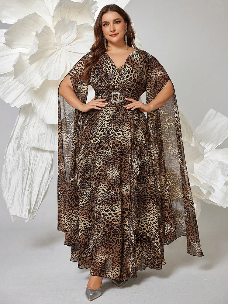 TOLEEN Plus Size Women's V-Neck Long-Sleeve Maxi Leopard Print Dress 2024 New Luxury Elegant Formal Party Evening Maxi Dresses