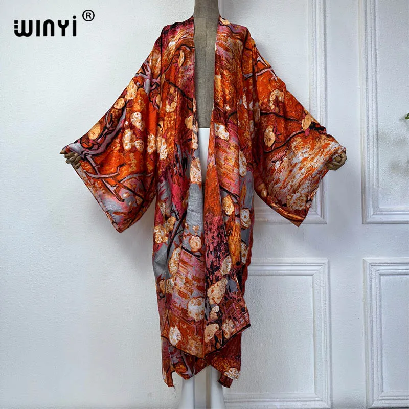 new WINYI Summer print beach cover up Swim Suit elegant Africa women boho Cardigan sexy Holiday long Sleeve Kimono fashion abaya