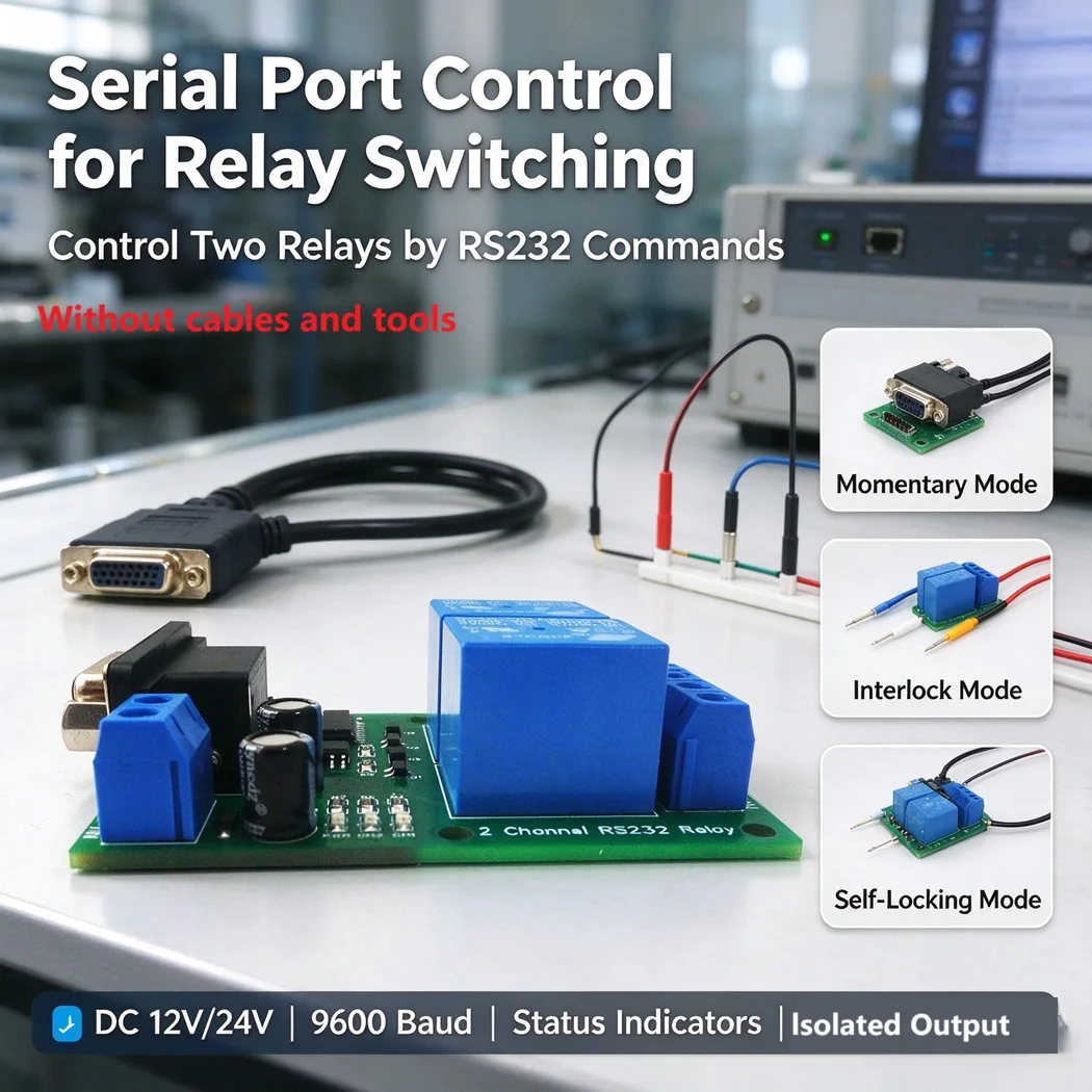 2 Channel RS232 Relay Module DB9 Serial Controller DC12V 24V Momentary Interlock Self-locking for PLC Industrial Control