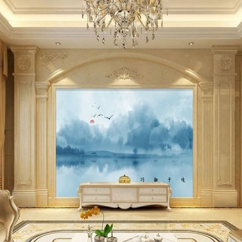 New Chinese-Style Artistic Conception Landscape Ink-Wash Painting Natural Scenery Living Room TV Background Wall Custom-Made