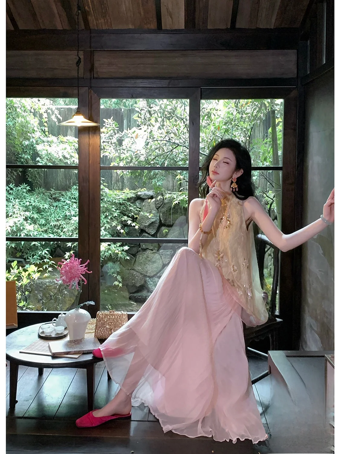 Syqiao Long Fairy Skirt Summer Wave Pattern Gathered Mesh Gown Women's mid Waist Polyester Fiber A-Line Skirt High Waist