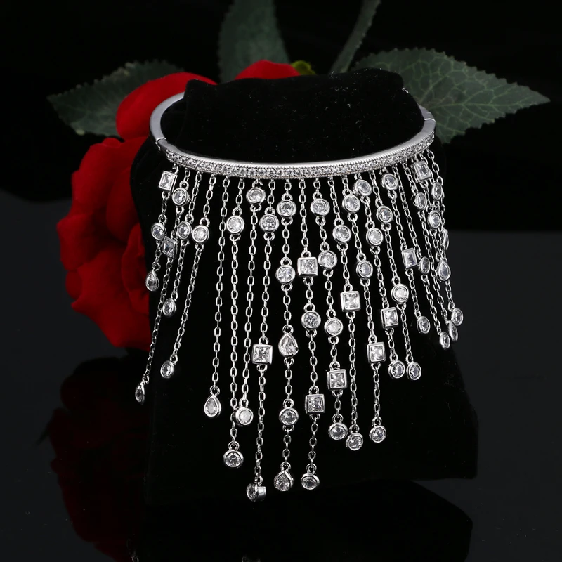 SUGO New Arrival Fashion Luxury Silver Color Shiny White Zirconia Tassel Bracelets for Bride Beautiful Wedding Dress Jewelry