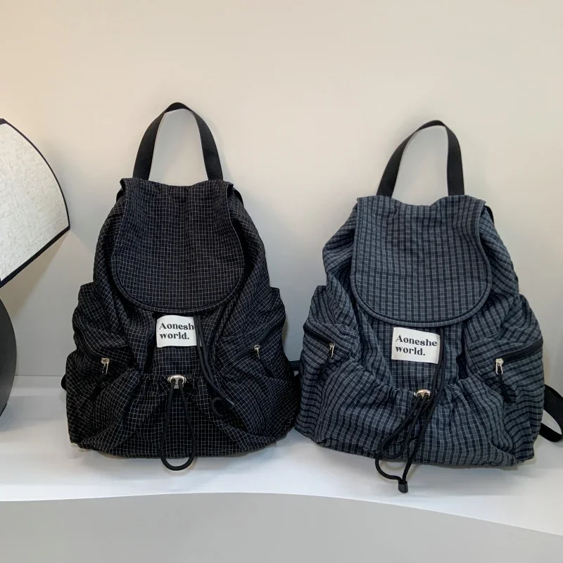 2026 Casual Plaid‑Nylon Drawstring‑Closure Backpack, Retro‑Classic Large‑Capacity Sweet‑Style Portable Bag for Women Daily Use