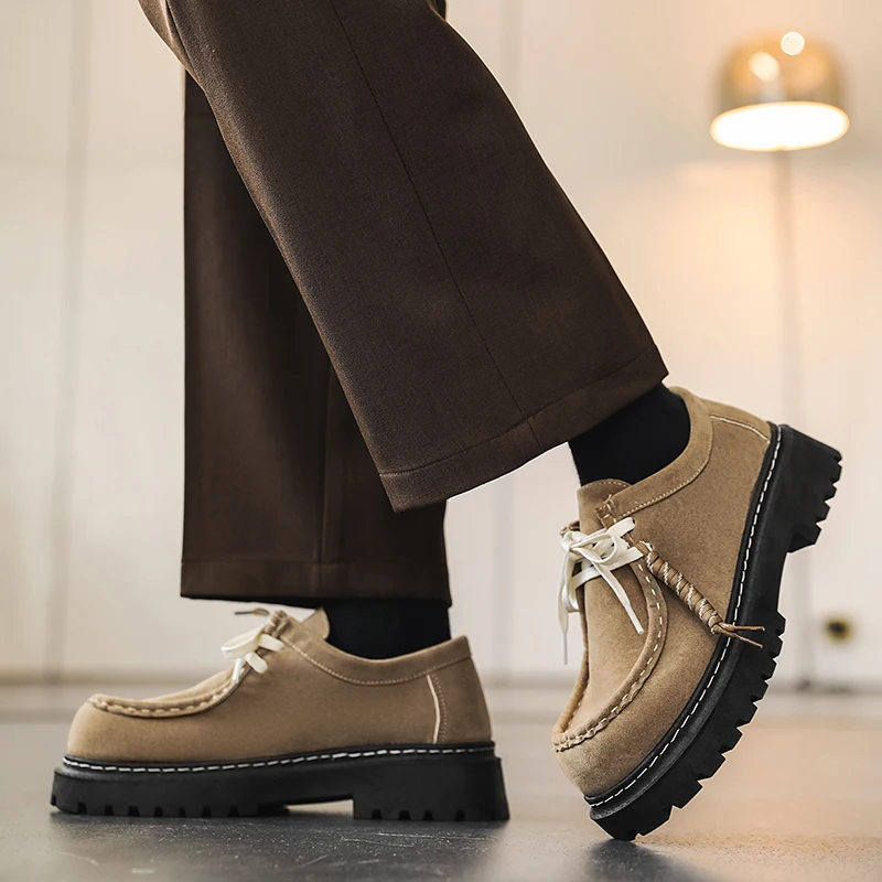 Retro Thick Soled Kangaroo Shoes for Men's Leather Casual Shoes Platform Male Frosted Suede Tooling Shoes Zapatos Para Hombre